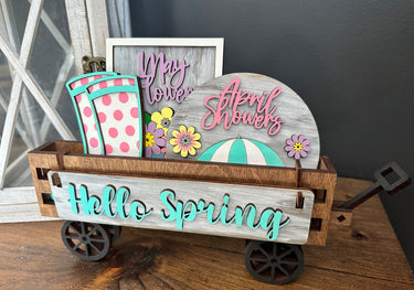 Wagon Shelf Sitter, Spring Shelf Sitter, Spring Decor, April Showers, Rustic Decor, Spring Rustic Decor, Interchangeable Decor, Flower Decor